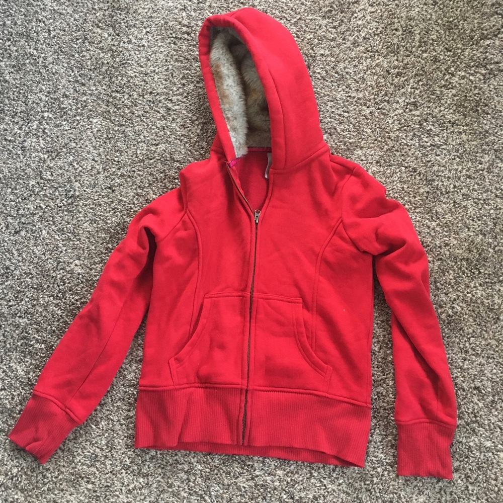 Old Navy Red Faux Fur Hoodie Sweatshirt Sz Medium